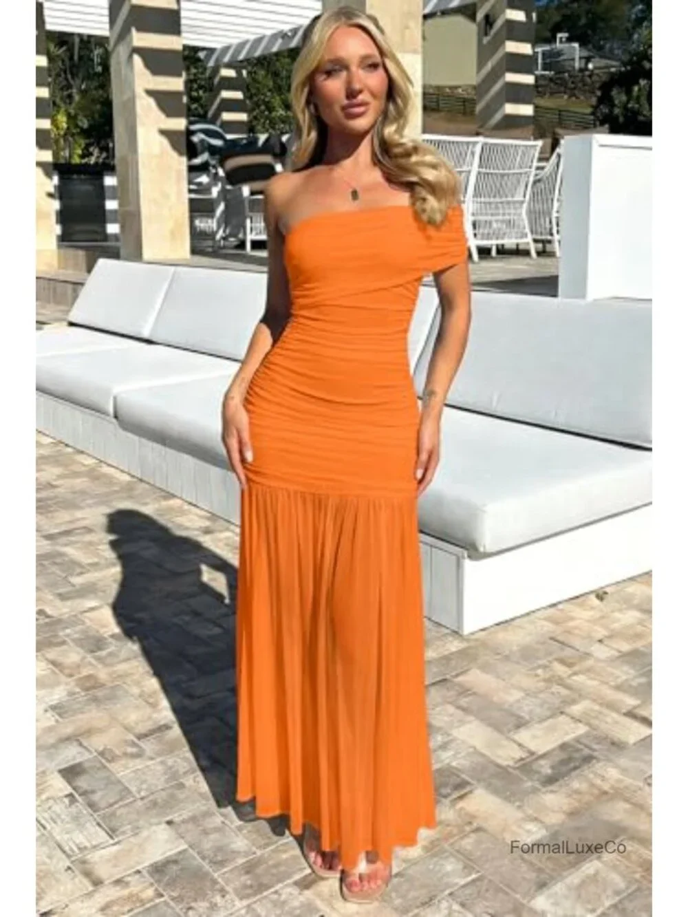 Womens Formal One Shoulder Sleeveless Long Maxi Dress Mesh Slim Fit